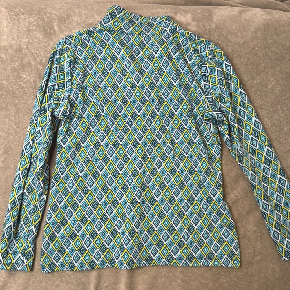 T by Talbots Quarter Zip Pullover Womens S Green Geometric Diamond Print Top - Picture 3 of 9